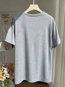 Comfortcana Tricou colorat 3D din pluș cu inimă, guler rotund, mânecă scurtă, casual, gri deschis, mărime plus - Gri deschis - Vizualizare 5