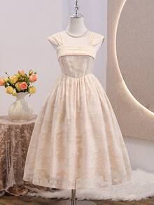 Abito midi casual in jacquard rosa per ragazze adolescenti, eleganti abiti da damigella d'onore bianchi per feste estive per ragazze, abiti eleganti beige per uso all'aperto - Albicocca - Visualizzare 3