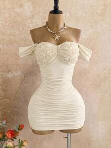 Soleia Đầm ngắn trễ vai xếp ly thời trang dành cho nữ - Màu be - Xem 3