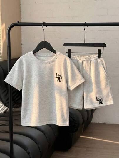 2pcs Boys' Knit Letter Print Short Sleeve T-Shirt And Shorts Set, Casual Suitable For Commuting, School, Daily Wear, Sports, Summer