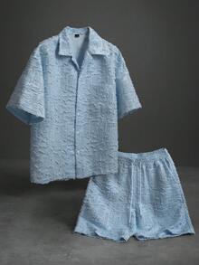 PAVTROS Bộ 2 món đồ nam phong cách đường phố, thời trang, áo sơ mi và quần short, áo sơ mi tay ngắn cổ và quần short cạp chun, chất liệu vải dệt, họa tiết tối giản, tạo cảm giác thoải mái, thích hợp đi làm, hẹn hò, du lịch nhẹ nhàng, quà tặng cho bạn trai. - Màu xanh nhạt - Xem 1