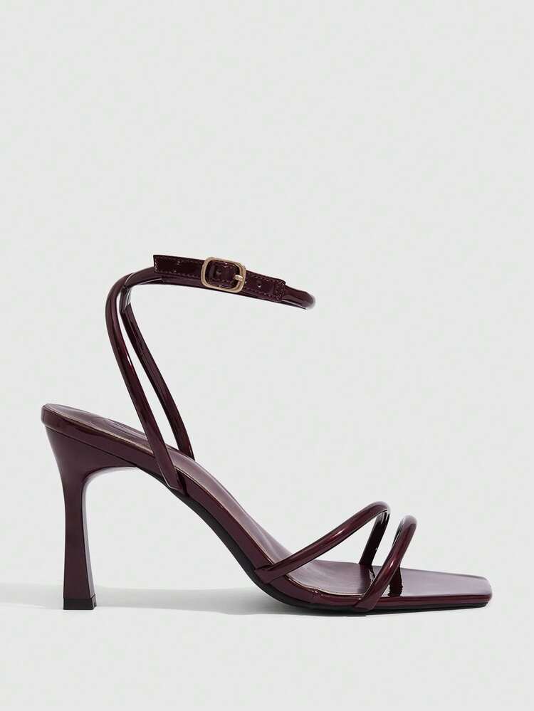 CUCCOO SZL Women Shoes Spring And Summer New Square Toe Thin High Heel Burgundy Strip Ankle Strap Women's High Heel Sandals Simple Fashion Comfortable Versatile Sexy Party Women's Sandals Women's Shoes
