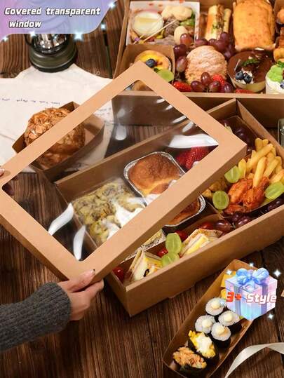 1/2 hộp giấy Kraft màu nâu hình chữ nhật có nắp và cửa sổ trong suốt, đa năng dùng để đựng bánh, gà rán, pizza, bánh mì sandwich, trái cây, thích hợp cho dã ngoại, cắm trại, hoạt động ngoài trời, tiệc tùng, sinh nhật, cửa hàng pizza, cửa hàng gà rán.