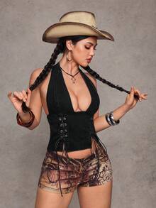 Jeanoix 女士时尚休闲Y2K风格紧身牛仔上衣 - 黑色 - 查看 5