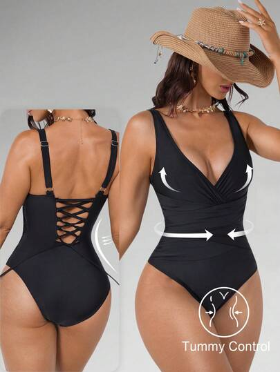 Shapewave Women's Solid Color Deep V-Neck Casual Beach Resort Pool One-Piece Swimsuit