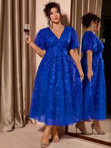 Allurite Plus Size Elegant V-Neck Mesh Sequin Ruffle Hem Party Dress, Red - Blue - View 4