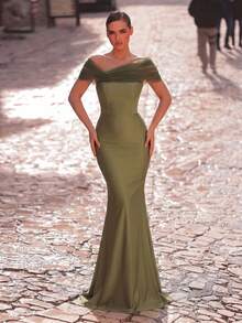 Aureia 优雅浪漫时尚的绿色弹力网纱拼接褶皱鱼尾裙摆礼服，适合派对、婚礼宾客、绿色礼服以及时尚优雅的伴娘礼服。 - 橄欖綠 - 查看 3