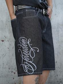 Manfinity EMRG Summer New Text Embroidery Black & White Striped Loose Wide Leg Shorts - Black - View 4