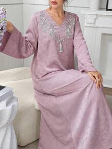 Al Najma Đầm maxi dài tay sang trọng thêu và đính cườm, phong cách truyền thống Thổ Nhĩ Kỳ và Ả Rập. - Màu tím - Xem 7