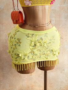Mistrie Yellow Summer Fairycore Vacation Holiday Women's Skirt,Y2K Revival Sweet Spicy Style Sheer Tassel Party,Three-Dimensional Lightweight Fabric - Yellow - View 5