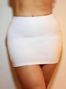 MelDlgn Plus Size Women's Solid Color Basic White Sexy Casual Mini Bodycon Skirt (With Leggings) - White - View 3