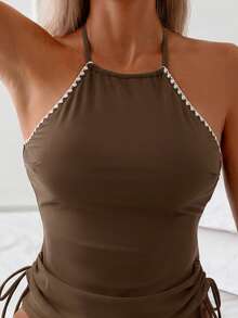 SHEIN Swim Lushore Bộ bikini hai mảnh màu trơn dành cho nữ, kiểu dáng thường ngày. - Cà phê nâu - Xem 4