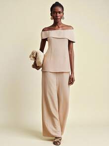Travachic Women's Beige Elegant 2 Pieces Set,Summer Off-Shoulder Crop Top&Straight Leg Pants,Holiday Tea Party,Casual Beach Vacation,Wedding Guest,Work Outfits - White - View 3