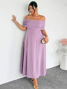 Firerie Plus Size Women's Elegant Minimalist Sophisticated Romantic Fashion Sexy Lady Holiday/Work Occasion Off-Shoulder High Waist A-Line Long Dress - Mauve Purple - View 5
