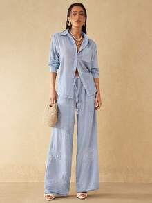Silquee Women's Light Blue Floral Embroidered Pyjamas Set Two Piece,Boho Drop-Shoulder Long-Sleeved Single-Breasted Pocket Shirt,Holiday Vacation Autumn - Blue - View 3