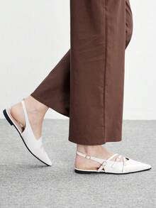 CUCCOO BIZCHIC 女士尖头白色漆皮亮面多带金属扣后跟绑带时尚约会百搭通勤平底鞋 - 白色 - 查看 5