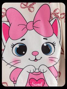 Genkimix Kids 2pcs/Set Young Girls Pink Minimalist Cat & Bow Print Long Sleeve Pajamas - Baby Pink - View 4
