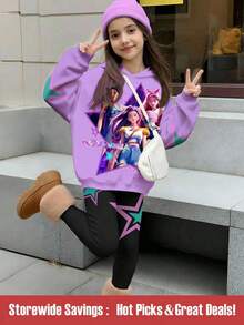 SHEIN 2 件套 KPOP 图案连帽衫和紧身裤套装，适合青少年女孩，秋冬时尚休闲装 - 彩色 - 查看 1