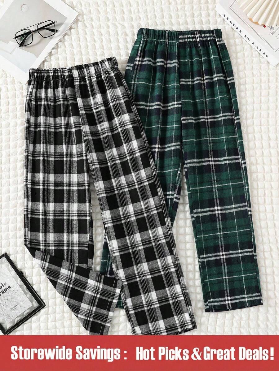 SHEIN 2pcs/Set Tween BoysPlaid Casual Straight-Leg Pants, Versatile Everyday Wear Spring/Autumn Fall Winter - Multicolor - View 1