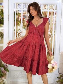 SHEIN Pregnant Women's Sweet Ruffled Cap Sleeve Multi-Layer Pleated Polka Dot Dress - Red - View 3