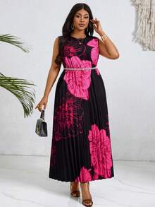 Villa Velisse 大码女式无袖优雅碎花褶皱连衣裙，适合外出和度假，春夏款 - 彩色 - 查看 4