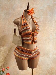 Mistrie Women's Summer Vacation 2 Pieces Set, Jacquard Knit Fabric Camisole Top And Shorts, Summer Outfit - Orange - View 4