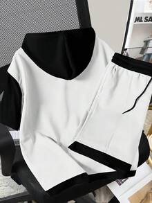 Manfinity Hypemode Men's Color Block Drawstring Hooded Short Sleeve T-Shirt And Shorts Casual Daily Outfit - White - View 2