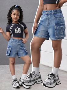 Tween Big Girls Light Blue Summer Casual Vacation Cargo Denim Shorts,High Waist Multi Pocket Loose Versatile Street Style Thin Hot Pants Jean Shorts - Light Wash - View 7