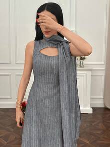 Modelyn Women's Striped Hollow-Out Sleeveless Elegant Dress,Grey Summer Tea Party Maxi Dress,Luxury Long Zebra Zig Zag Stripe Dresses For Women,Zanea Dress - Apricot - View 6