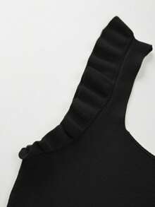 EMERY ROSE New Vintage Romantic Vacation European And American Style High-End Design Square Neck Backless Sexy Bombshell Soft Beige Knit Fitted Mid-Length Dress With Delicate Ruffle Hem, Sleeveless, Casual Wear; Minimalist Solid Color Personalized High-Waist Bodycon Party Cocktail Knit Sweater Dress For Women - Black - View 9