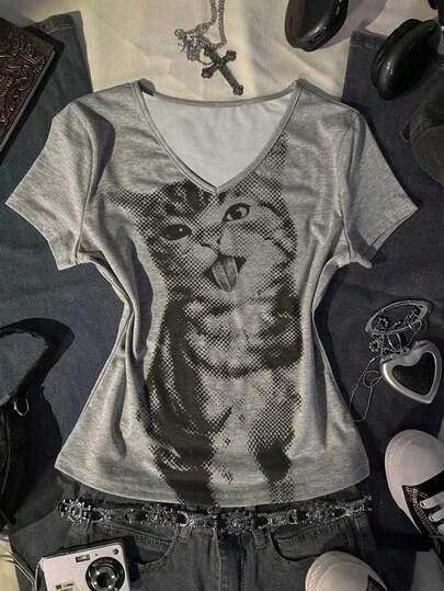 Glimmora تي شيرت كاجوال قصير الأكمام بياقة على شكل حرف V مع طباعة قطة للنساء