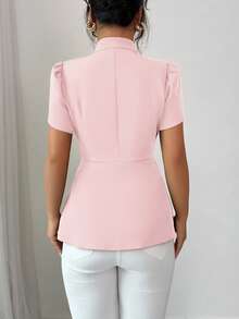 Elenzga Women's Elegant Summer Blush Pink Mandarin Collar Puff Sleeve Blouse,French Office Work Formal Attire,Solid Button-Up A-Line Peplum Tops - Baby Pink - View 2
