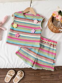 SHEIN Elladie kids 2件套女童条纹提花针织宽松背心短裤套装，适合休闲、度假、运动、夏季穿着 - 彩色 - 查看 3
