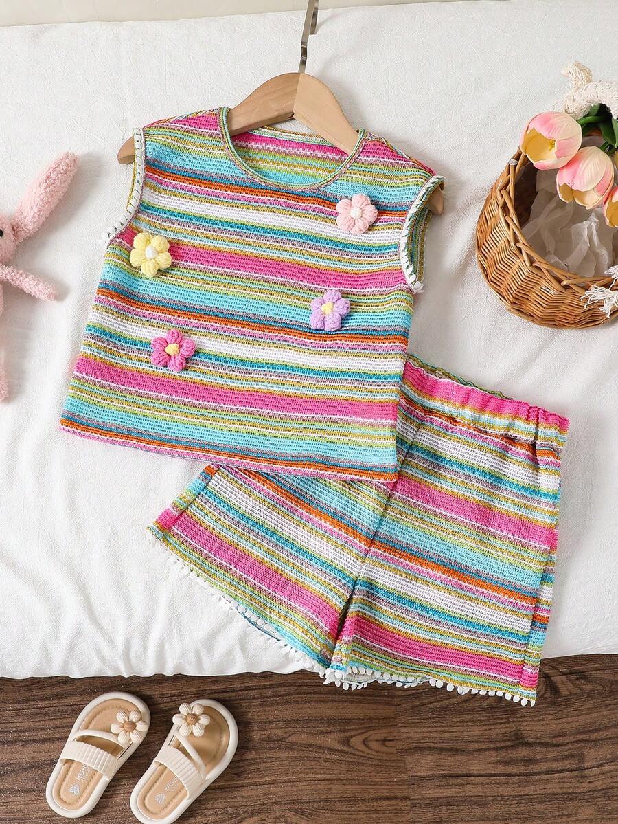 SHEIN Elladie kids 2件套女童条纹提花针织宽松背心短裤套装,适合休闲、度假、运动、夏季穿着 - 彩色 - 查看 1