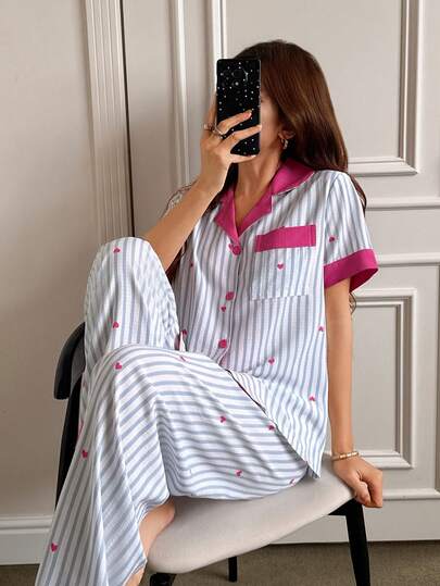 Dream Adore 女士休闲舒适条纹爱心印花短袖睡裤套装，春夏款