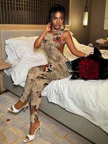 Slaydiva Spring/Summer New Round Neck Large Backless Slimming Long Pants Women's Tight Jumpsuit/Music Festival/Valentine's Day/Casual And Simple Basic Style/Y2K/Street Sweet/Internet Sensation Bestseller/Daily Date/Hot Girl Style/Hip-Hop/Sexy/Night Club/Dragon And Flora Graphic Print/Traditional Chinese Cheongsam Graphic Print - Multicolor - View 3