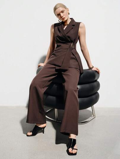 Aveloria Modichic Classic Urban Commuting Suit Set With Lapel, Waist Cinching, Pleated Detailing, Metal Decor, Straight Leg Pants For Women