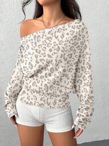 SHEIN EZwear 休闲简约水洗浅色春夏豹纹宽松露肩收腰女式卫衣，适合春夏穿着，运动季皆宜 - 彩色 - 查看 6