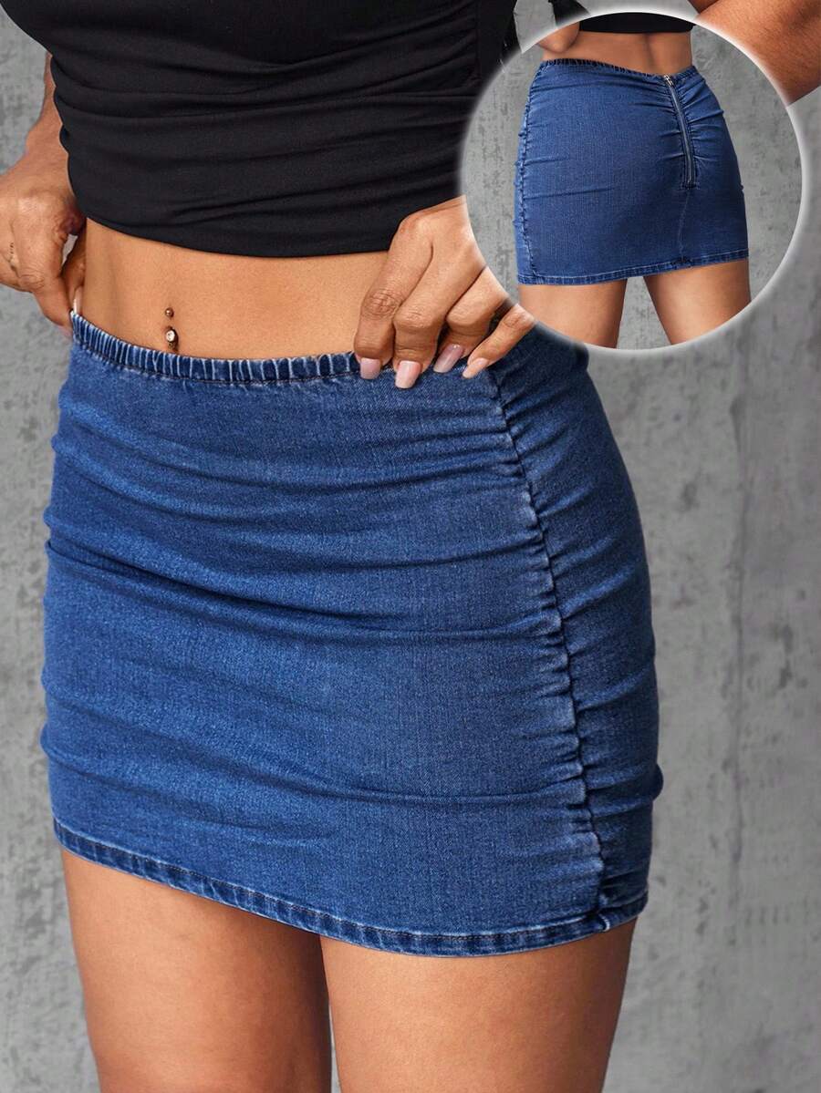 Jeanoix 大码女式百褶休闲百搭日常牛仔迷你裙 - 藍色 - 查看 1
