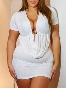 MelDlgn Plus Size Women's Solid Color Basic White Sexy Casual Mini Bodycon Skirt (With Leggings) - White - View 5