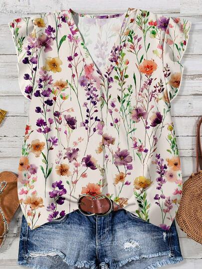 Rusticease Casual Minimalist Watercolor Full Print Pattern Women's Ruffle Hem Shirt, Elegant Vintage Style, Suitable For Summer