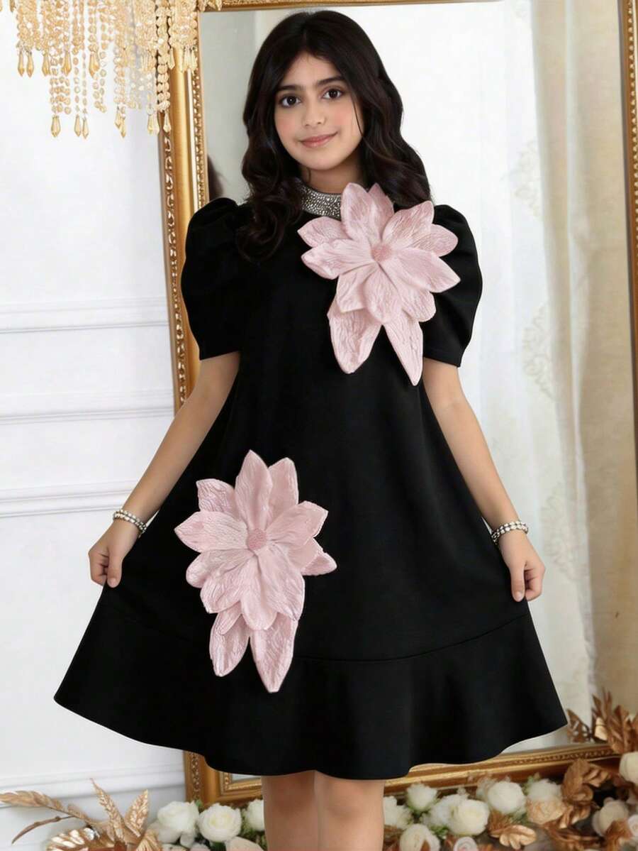 SHEIN 少女宽松优雅立领无袖撞色印花装饰连衣裙 - 黑色 - 查看 1