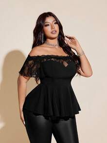Viva Relle Plus Size Sexy Lace Patchwork Off Shoulder Black Slim Fit Blouse - Black - View 4