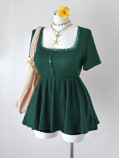 Sunspun Plus Size Square Neck Patchwork Ruffle Trim Button Waist A-Line Short Sleeve Knit Elegant Vintage Casual Cute Vacation T-Shirt For Women