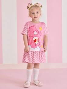 SHEIN X Care Bears Váy kẻ sọc ghép mảnh in hình gấu cho bé gái - Hồng - Xem 8