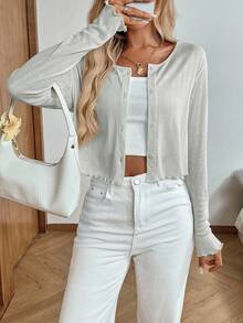 Easowa 女士简约纯色前开襟荷叶边下摆薄外套 - 灰色 - 查看 1