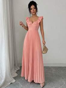 Elenzga 1pc Women's Spring/Summer Pleated Ruffle Trim Waist A-Line Dress, Elegant For Dates, Outings And Commuting - Pink - View 5