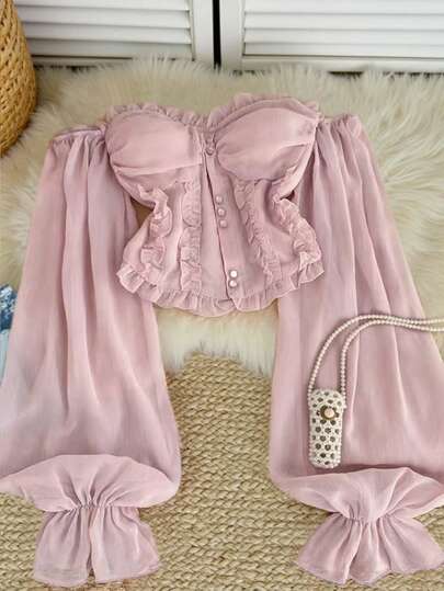 INAWLY Französischer Retro-Stil rosa Rüschen Off-Shoulder Bluse mit Knöpfen und Perlenverzierung, Puffärmel, Kurze Passform