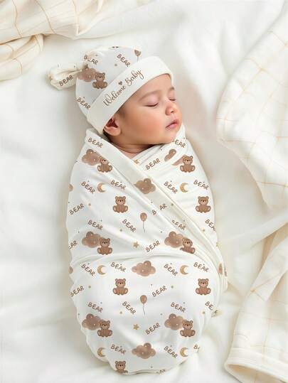 SHEIN 2Pcs Set Newborn Photography Wrap Cute Bear Printing Stretch Baby Swaddle Blanket With Matching Sleepy Hat Newborn Boy Girl Photo Props