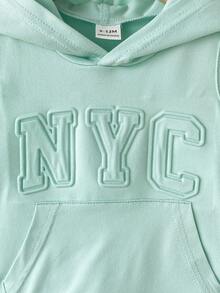 SHEIN 2件裝 嬰幼兒男童夏季休閒海灘薄荷綠套裝 NYC字母壓花無袖連帽T恤&彈性腰針織短褲 6M-3T - 薄荷藍 - 查看 5